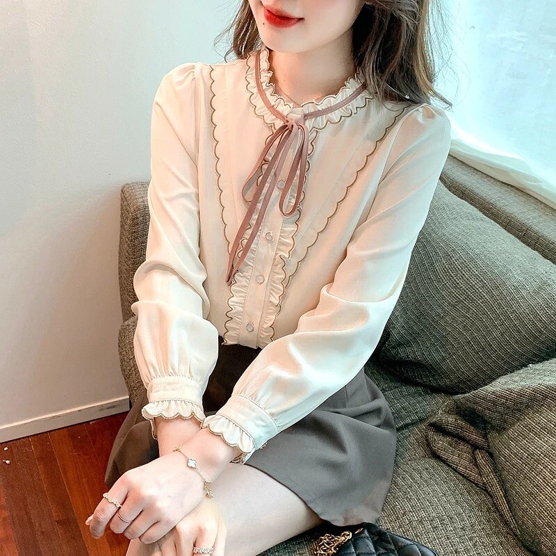 Bluza dugih rukava Ženska mašna S volanima Šifon bluza boje marelice Gornji dijelovi košulja Ženske Blusas Mujer De Moda 2024 Bluze Košulje Blusa F507