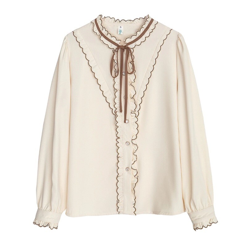 Bluza dugih rukava Ženska mašna S volanima Šifon bluza boje marelice Gornji dijelovi košulja Ženske Blusas Mujer De Moda 2024 Bluze Košulje Blusa F507