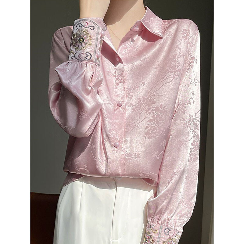 Nova košulja od octenog satena od jacquarda za žene proljeće ljeto 2024. Nova Tang haljina u retro kineskom stilu s gornjim dizajnom, ženska košulja dugih rukava
