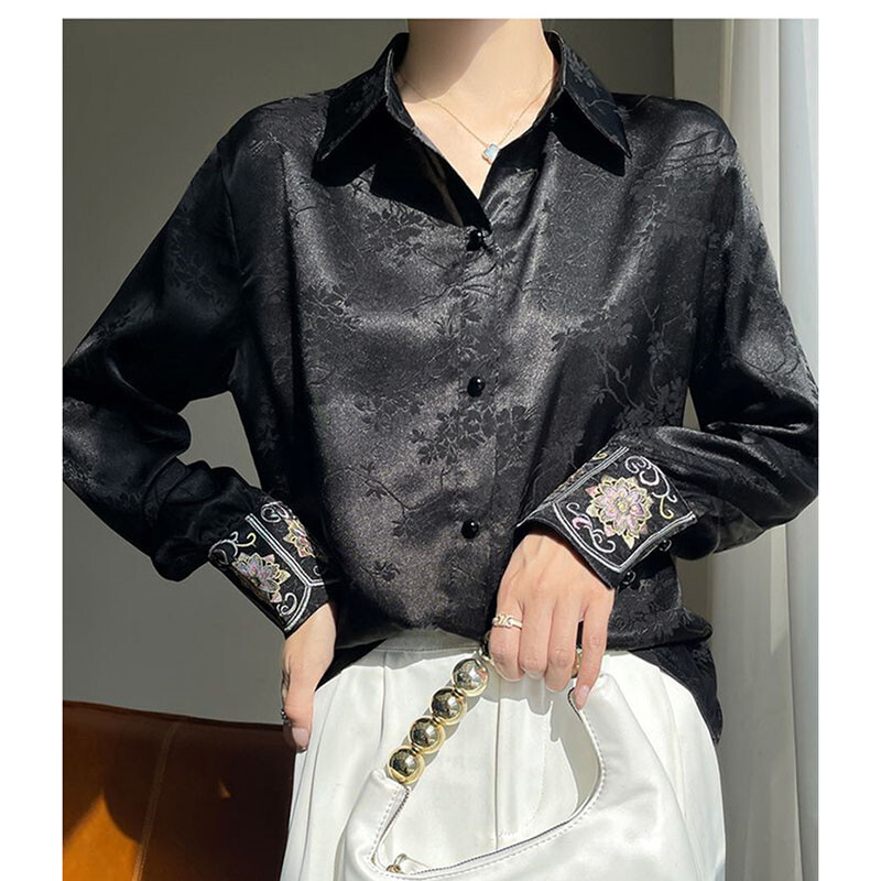 Nova košulja od octenog satena od jacquarda za žene proljeće ljeto 2024. Nova Tang haljina u retro kineskom stilu s gornjim dizajnom, ženska košulja dugih rukava