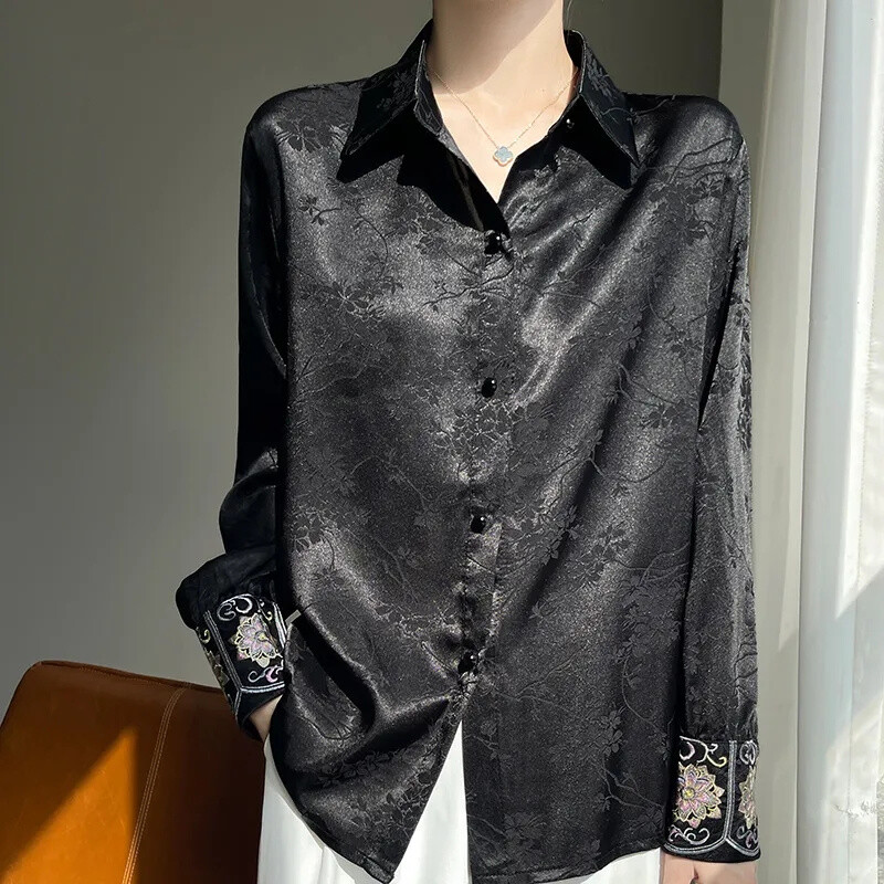 Nova košulja od octenog satena od jacquarda za žene proljeće ljeto 2024. Nova Tang haljina u retro kineskom stilu s gornjim dizajnom, ženska košulja dugih rukava