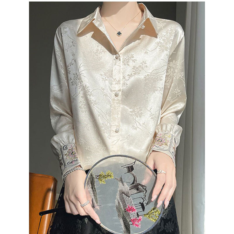 Nova košulja od octenog satena od jacquarda za žene proljeće ljeto 2024. Nova Tang haljina u retro kineskom stilu s gornjim dizajnom, ženska košulja dugih rukava