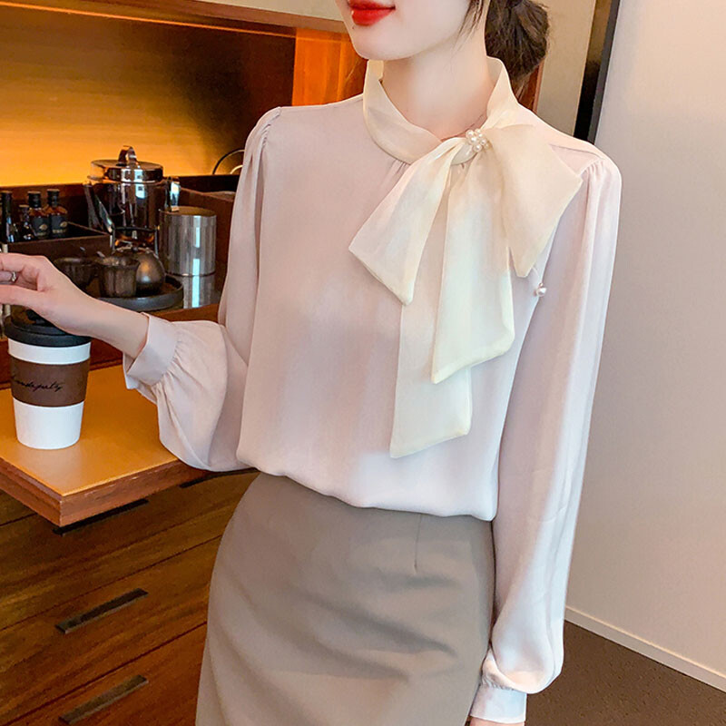 Nova modna šifonska bluza s dugim rukavima i dugačkim rukavima, šifonska bluza s perlama, ženske majice Blusa Camisas De Mujer bluze H473