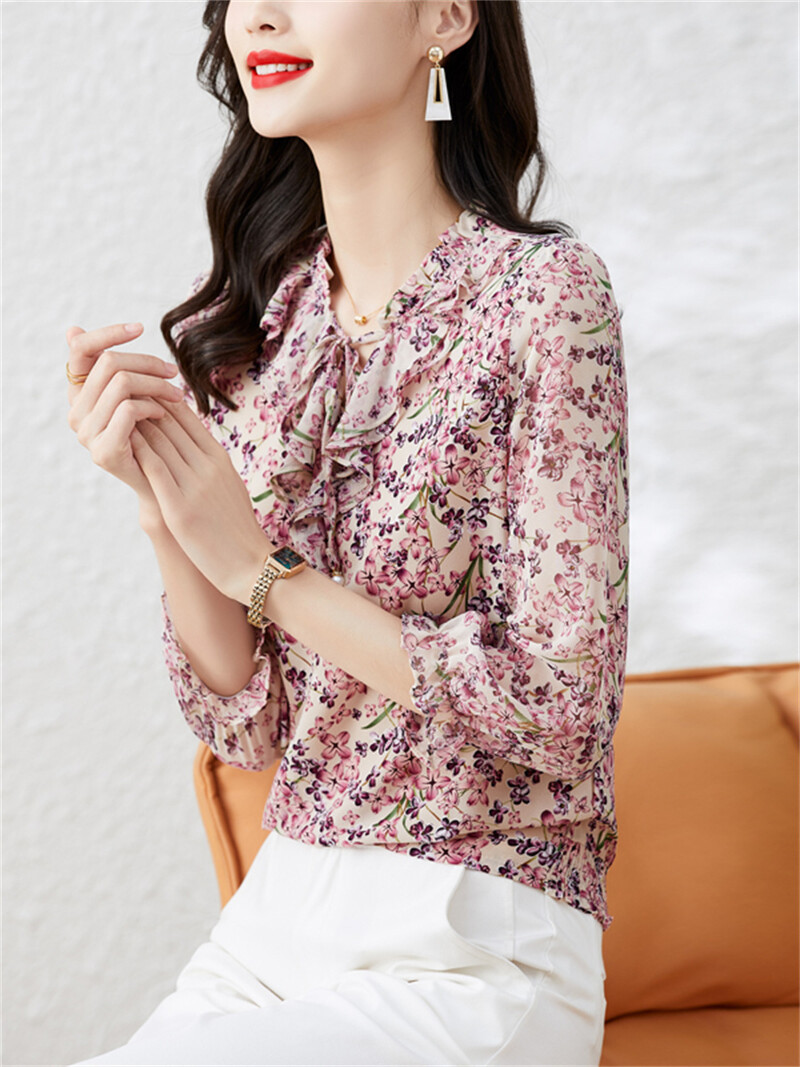 Ženske majice od šifona u stilu proljeća i jeseni, ležerne ženske majice s leptir-kravatom i ovratnikom s cvjetnim otiskom DF4339