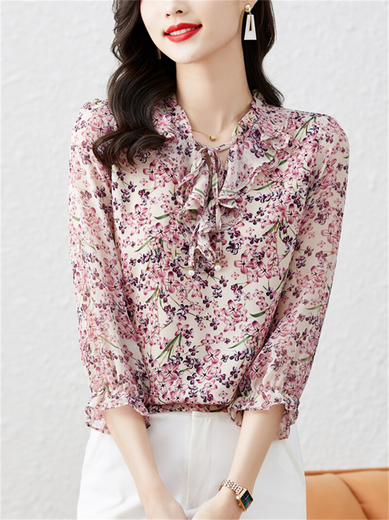 Ženske majice od šifona u stilu proljeća i jeseni, ležerne ženske majice s leptir-kravatom i ovratnikom s cvjetnim otiskom DF4339