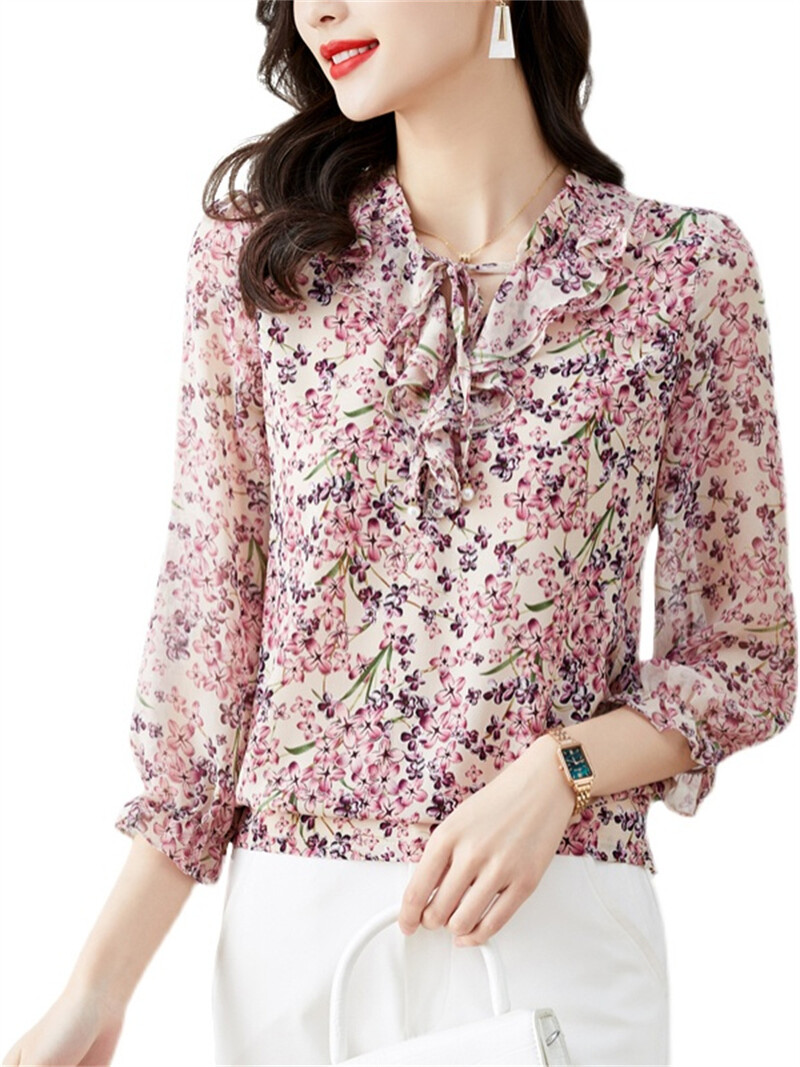 Ženske majice od šifona u stilu proljeća i jeseni, ležerne ženske majice s leptir-kravatom i ovratnikom s cvjetnim otiskom DF4339