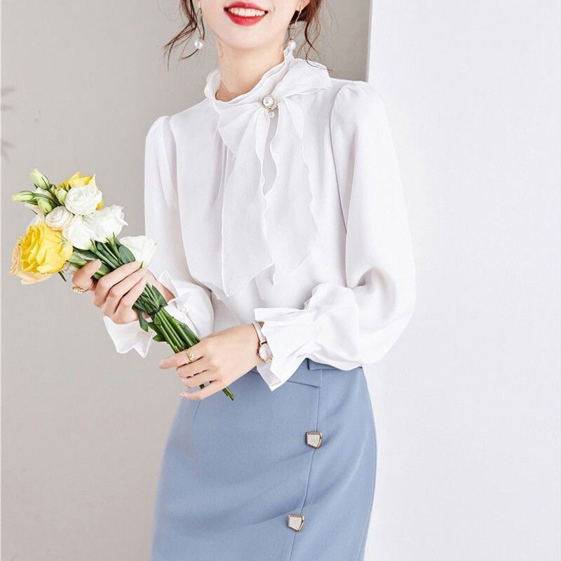 Ženska odjeća Samostojeći ovratnik Mašna bluza Osnovna jednobojna proljeće Nova moda Trodimenzionalni ukras Košulja s volanima