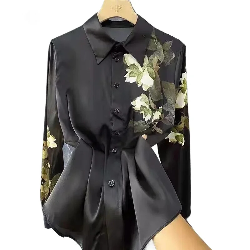 Satenske ženske košulje Novi svileni printovi Vintage bluze Polo ovratnici Odjeća Proljeće/ljeto Dugi rukavi Široke MODNE majice