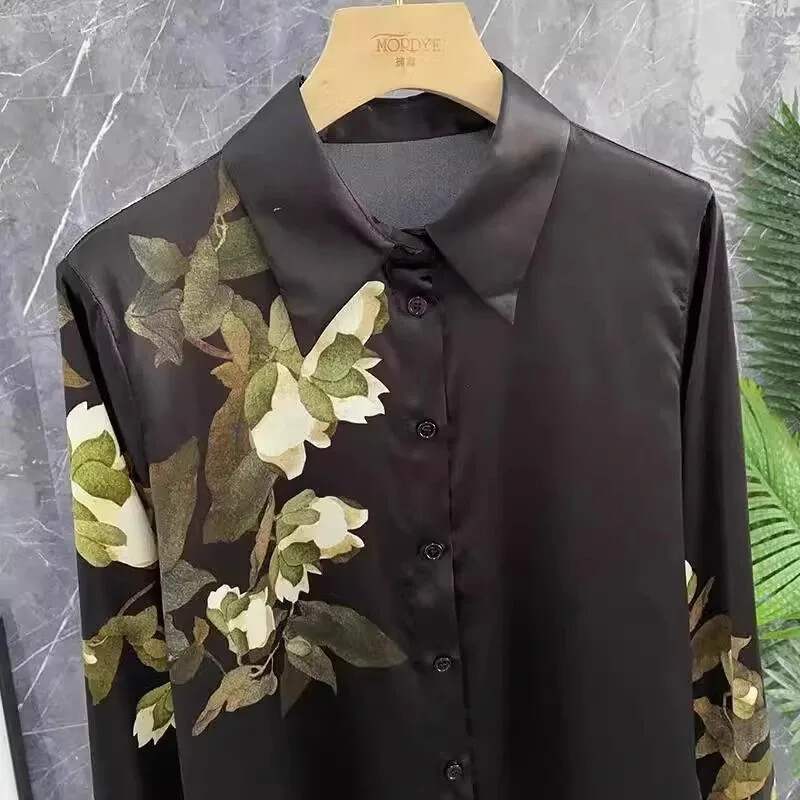 Satenske ženske košulje Novi svileni printovi Vintage bluze Polo ovratnici Odjeća Proljeće/ljeto Dugi rukavi Široke MODNE majice