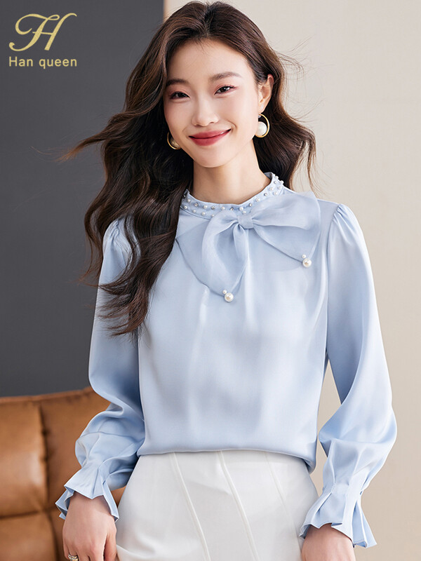 H Han Queen Novo 2024. Ženska odjeća Poslovne bluze Jednostavne košulje Širokih rukava Ležerna bluza Korejski šik modni vrh s mašnama