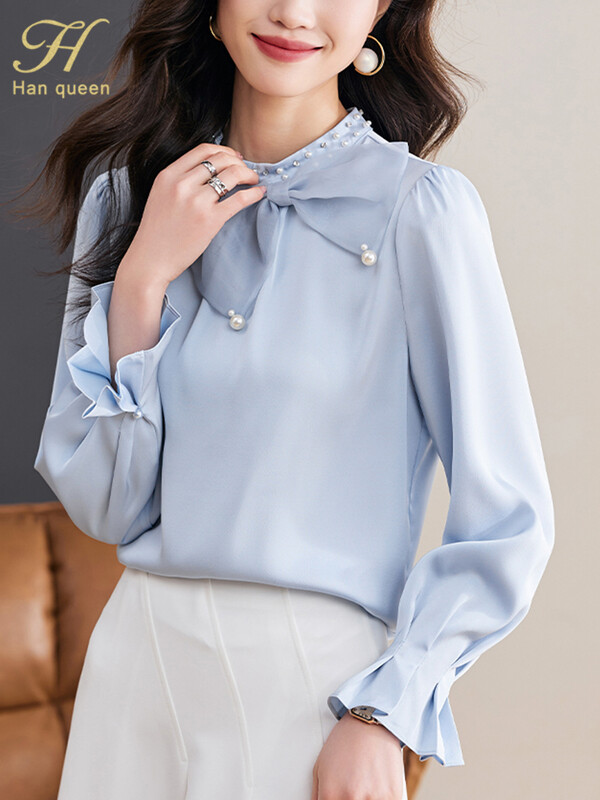 H Han Queen Novo 2024. Ženska odjeća Poslovne bluze Jednostavne košulje Širokih rukava Ležerna bluza Korejski šik modni vrh s mašnama