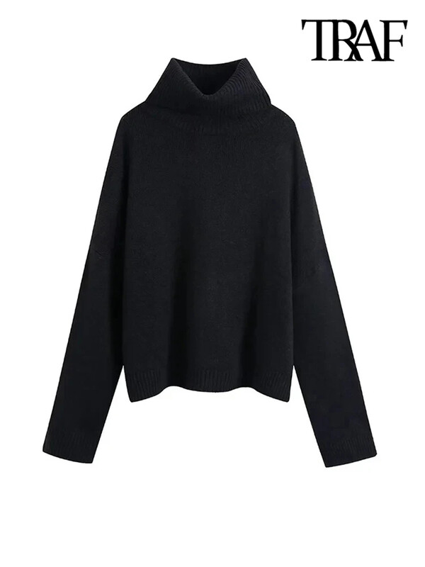 TRAF Ženska moda s rebrastim rubom Široki pleteni pulover Vintage s visokim izrezom i dugim rukavima Ženski puloveri Chic Topovi