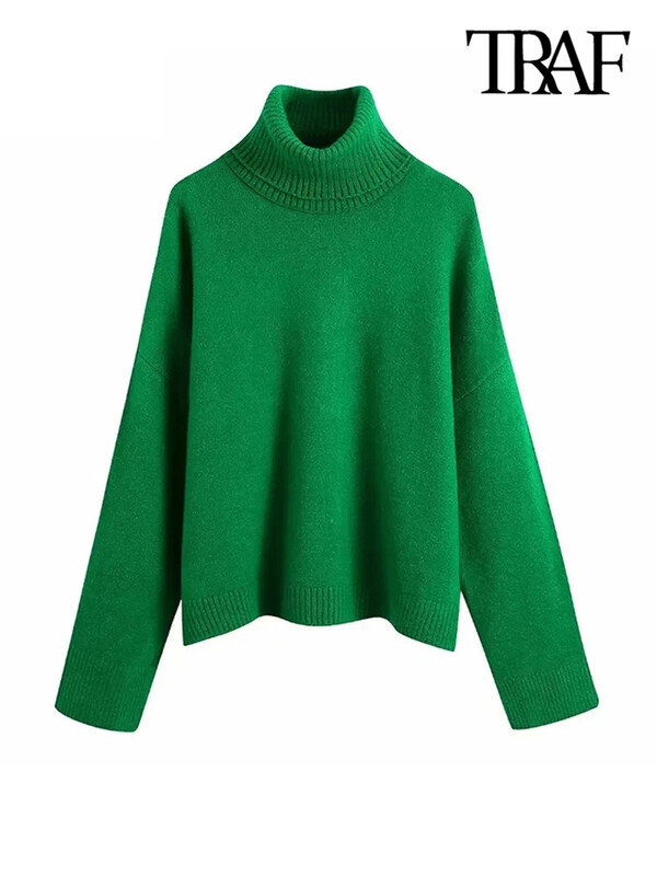TRAF Ženska moda s rebrastim rubom Široki pleteni pulover Vintage s visokim izrezom i dugim rukavima Ženski puloveri Chic Topovi