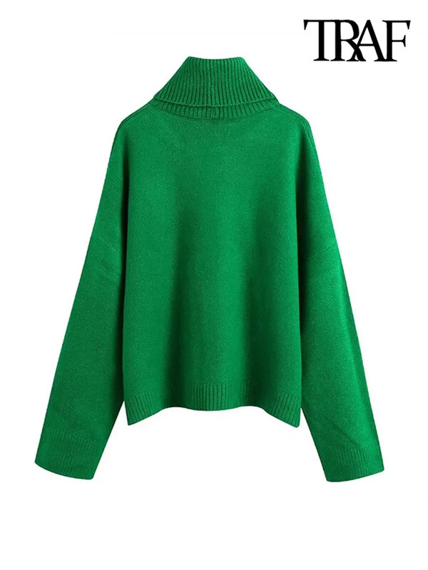 TRAF Ženska moda s rebrastim rubom Široki pleteni pulover Vintage s visokim izrezom i dugim rukavima Ženski puloveri Chic Topovi