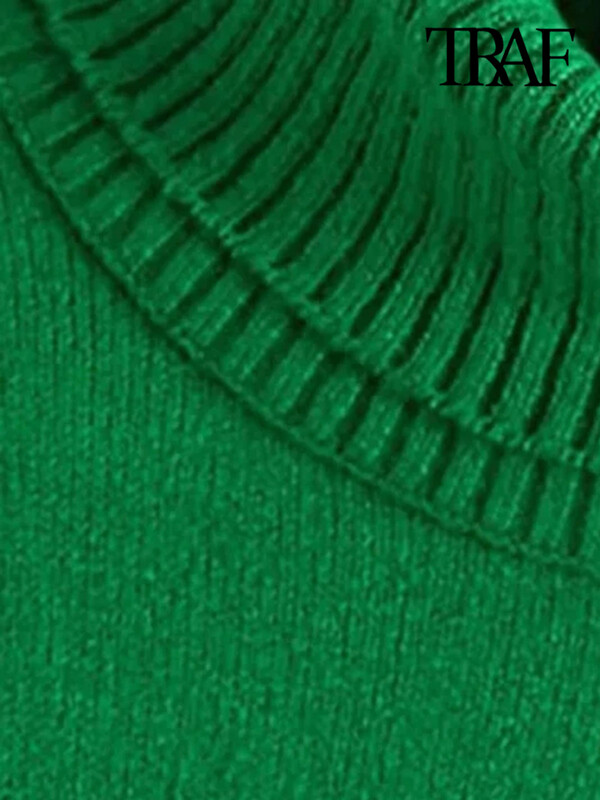 TRAF Ženska moda s rebrastim rubom Široki pleteni pulover Vintage s visokim izrezom i dugim rukavima Ženski puloveri Chic Topovi