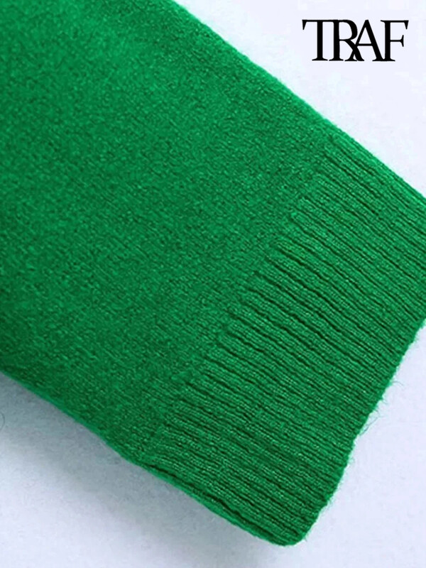 TRAF Ženska moda s rebrastim rubom Široki pleteni pulover Vintage s visokim izrezom i dugim rukavima Ženski puloveri Chic Topovi