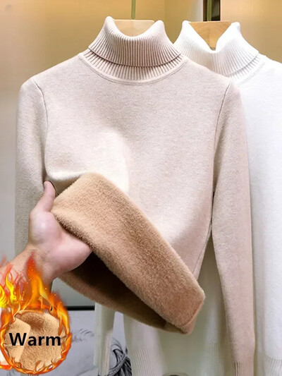 Turtleneck téli pulóver Női Elegáns Vastag Bársony Bélés Meleg Bőrbőr Kötött Pulóver Vékony felsők Jersey Kötött pulóver Új