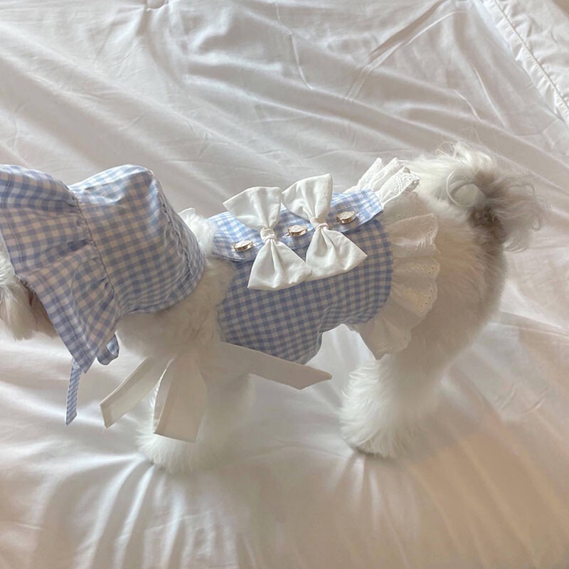 INS pamučna plava karirana suknja s tregerima Odgovarajući šešir za pse Remen veličine jedne veličine Podesivi dodaci za pse za male pse