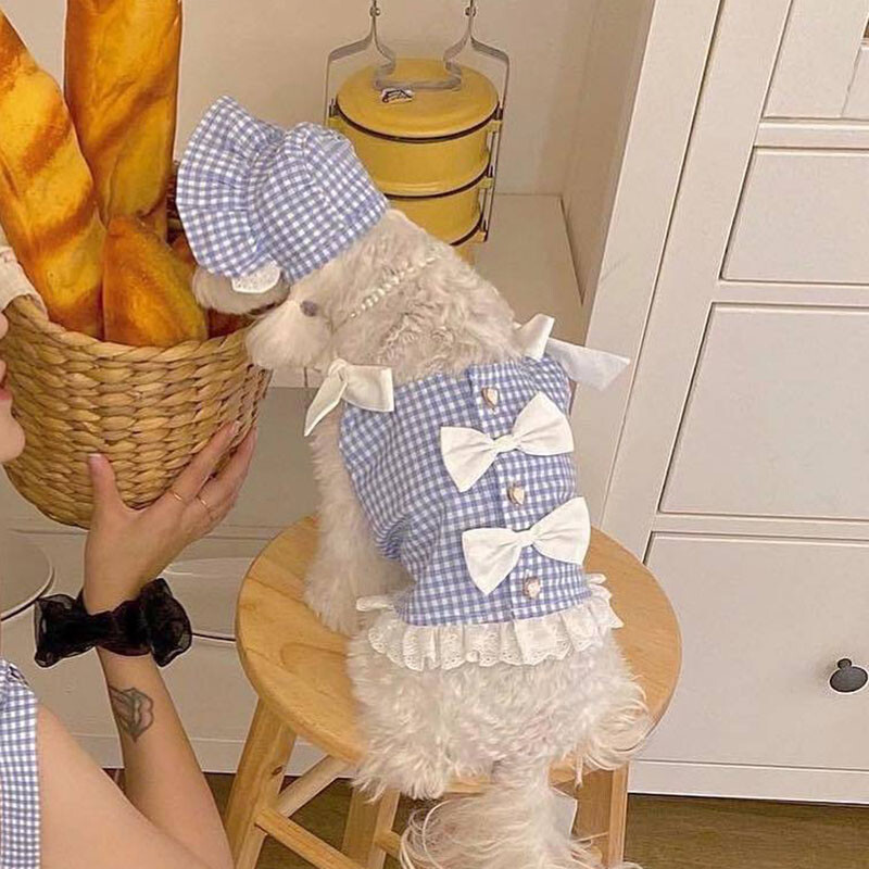 INS pamučna plava karirana suknja s tregerima Odgovarajući šešir za pse Remen veličine jedne veličine Podesivi dodaci za pse za male pse