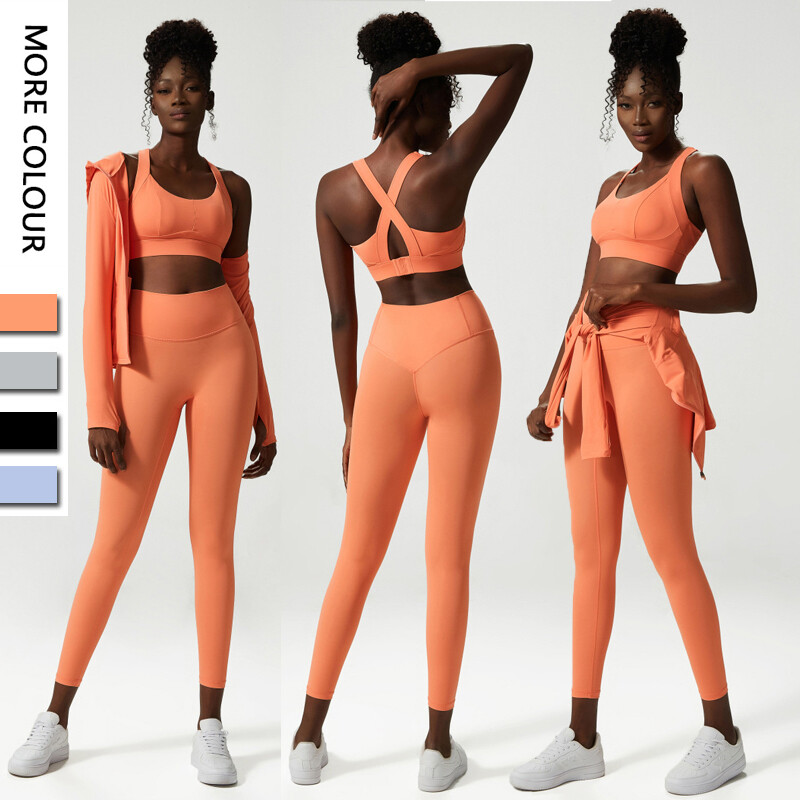 3-dijelni set za fitness jogu, jednobojno odijelo za teretanu, jakna s kapuljačom, seksi grudnjak s leđima, tajice s visokim strukom, ženska sportska odjeća