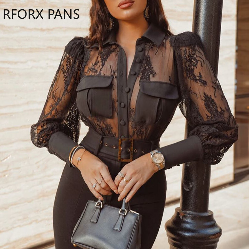 Női szexi tömör csipke lámpás ujjú gomb és zseb deco fekete blúz felsők