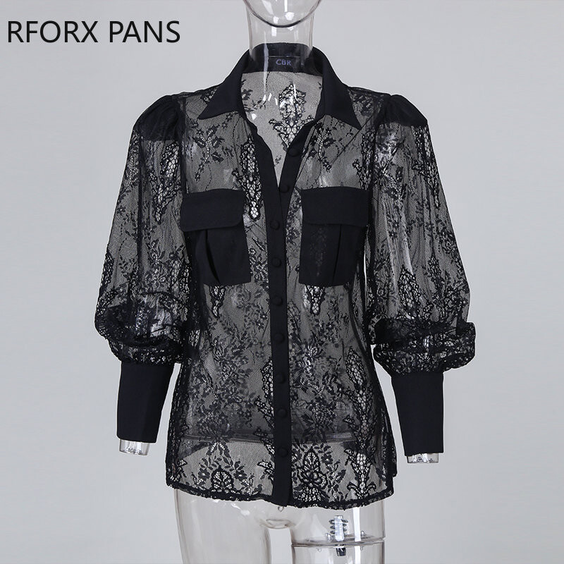 Női szexi tömör csipke lámpás ujjú gomb és zseb deco fekete blúz felsők