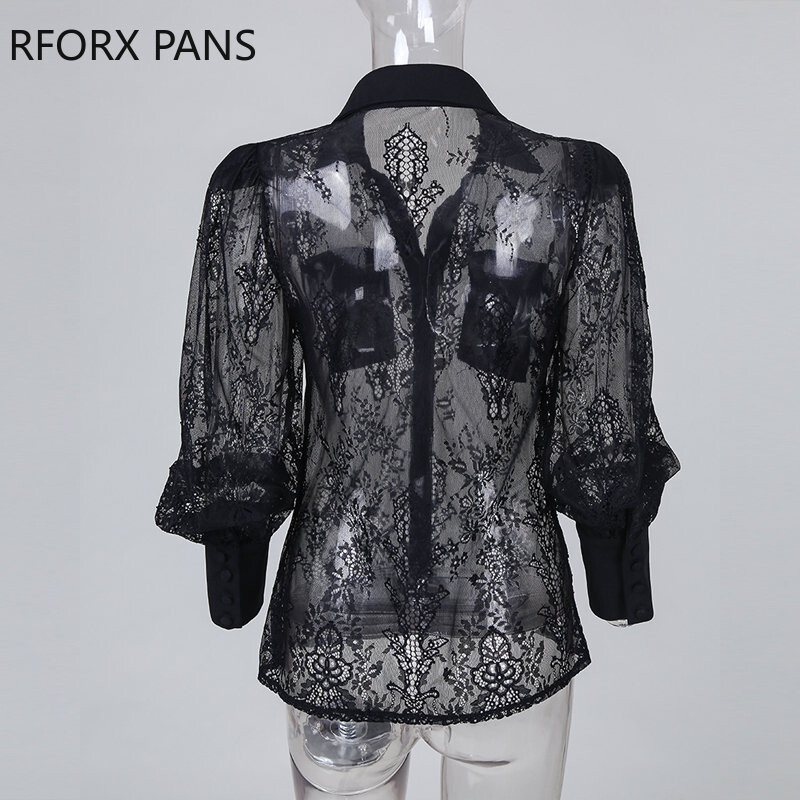 Női szexi tömör csipke lámpás ujjú gomb és zseb deco fekete blúz felsők