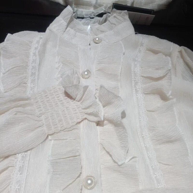 Modna čipkana šifonska košulja s naborima dugih rukava Ženska bluza Samostojeći ovratnik Proljeće Jesen Elegantne slatke majice Odjeća Blusas 134331