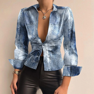 Fashion printed 2023 Άνοιξη φθινόπωρο γυναικεία πουκάμισα Κομψό πουκάμισο γιακά PU Δερμάτινα κουμπιά Ζακέτα Slim μπλούζες για πάρτι γραφείου