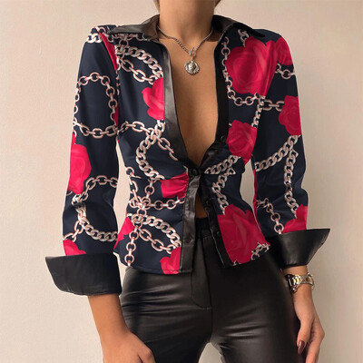 Fashion printed 2023 Άνοιξη φθινόπωρο γυναικεία πουκάμισα Κομψό πουκάμισο γιακά PU Δερμάτινα κουμπιά Ζακέτα Slim μπλούζες για πάρτι γραφείου