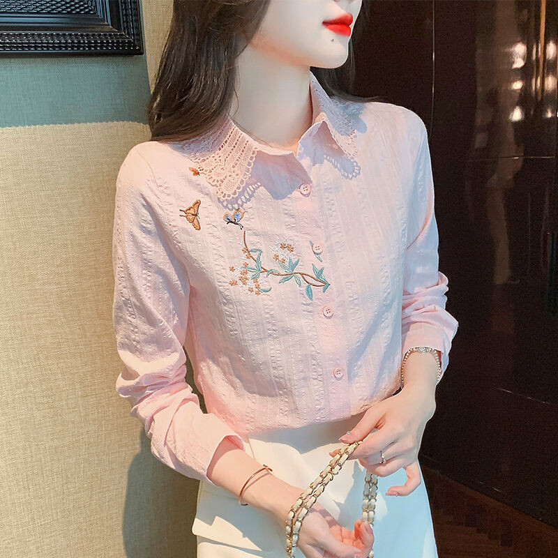 Proljeće Jesen Nova moda Ovratnik na ovratnik Bluze dugih rukava s vezom Ženska odjeća Korejske košulje s dugmadima za sve