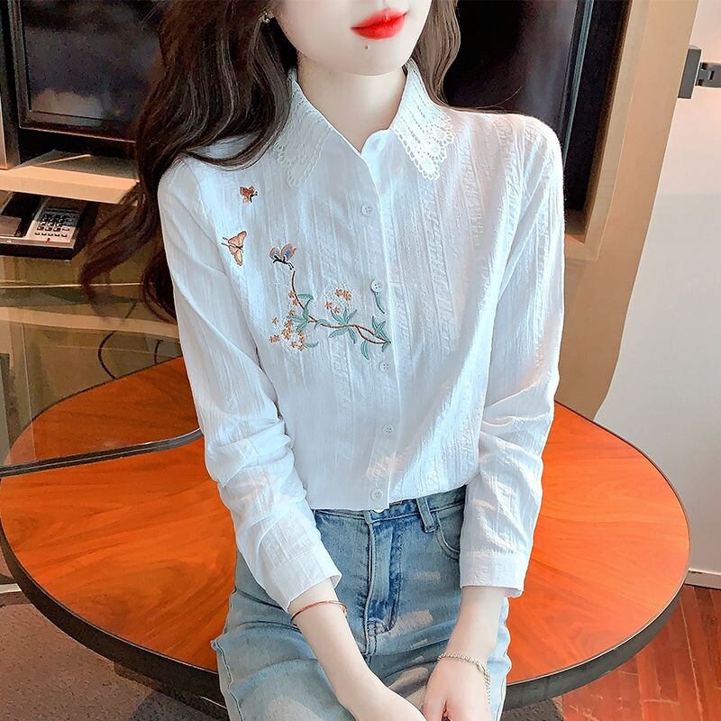 Proljeće Jesen Nova moda Ovratnik na ovratnik Bluze dugih rukava s vezom Ženska odjeća Korejske košulje s dugmadima za sve