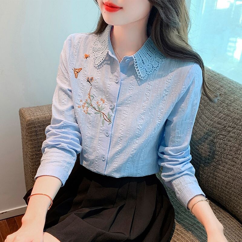 Proljeće Jesen Nova moda Ovratnik na ovratnik Bluze dugih rukava s vezom Ženska odjeća Korejske košulje s dugmadima za sve