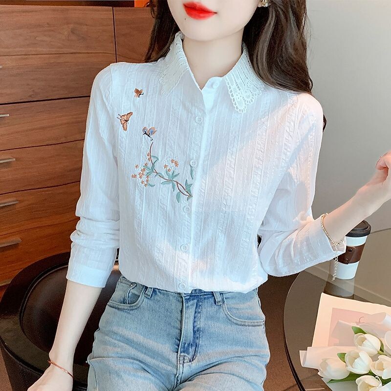 Proljeće Jesen Nova moda Ovratnik na ovratnik Bluze dugih rukava s vezom Ženska odjeća Korejske košulje s dugmadima za sve