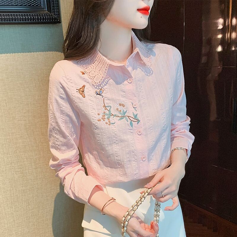 Proljeće Jesen Nova moda Ovratnik na ovratnik Bluze dugih rukava s vezom Ženska odjeća Korejske košulje s dugmadima za sve