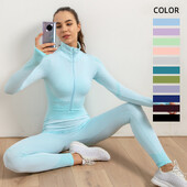 Femei Fitness Sport Yoga Costum fără cusături Yoga 2/3 buc Seturi Jachetă cu mânecă lungă cu fermoar Îmbrăcăminte de primăvară pentru gimnastică Set de haine pentru alergare