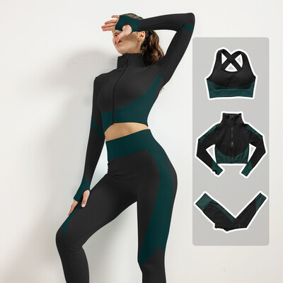 Femei Fitness Sport Yoga Costum fără cusături Yoga 2/3 buc Seturi Jachetă cu mânecă lungă cu fermoar Îmbrăcăminte de primăvară pentru gimnastică Set de haine pentru alergare