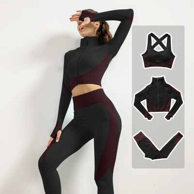 Femei Fitness Sport Yoga Costum fără cusături Yoga 2/3 buc Seturi Jachetă cu mânecă lungă cu fermoar Îmbrăcăminte de primăvară pentru gimnastică Set de haine pentru alergare