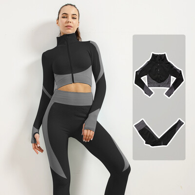 Femei Fitness Sport Yoga Costum fără cusături Yoga 2/3 buc Seturi Jachetă cu mânecă lungă cu fermoar Îmbrăcăminte de primăvară pentru gimnastică Set de haine pentru alergare