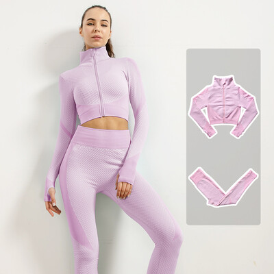 Femei Fitness Sport Yoga Costum fără cusături Yoga 2/3 buc Seturi Jachetă cu mânecă lungă cu fermoar Îmbrăcăminte de primăvară pentru gimnastică Set de haine pentru alergare