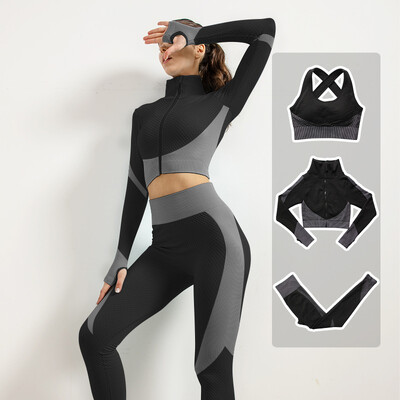 Femei Fitness Sport Yoga Costum fără cusături Yoga 2/3 buc Seturi Jachetă cu mânecă lungă cu fermoar Îmbrăcăminte de primăvară pentru gimnastică Set de haine pentru alergare