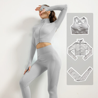Femei Fitness Sport Yoga Costum fără cusături Yoga 2/3 buc Seturi Jachetă cu mânecă lungă cu fermoar Îmbrăcăminte de primăvară pentru gimnastică Set de haine pentru alergare