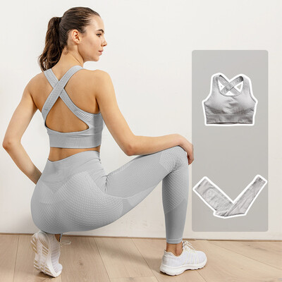 Femei Fitness Sport Yoga Costum fără cusături Yoga 2/3 buc Seturi Jachetă cu mânecă lungă cu fermoar Îmbrăcăminte de primăvară pentru gimnastică Set de haine pentru alergare
