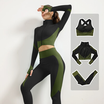 Femei Fitness Sport Yoga Costum fără cusături Yoga 2/3 buc Seturi Jachetă cu mânecă lungă cu fermoar Îmbrăcăminte de primăvară pentru gimnastică Set de haine pentru alergare