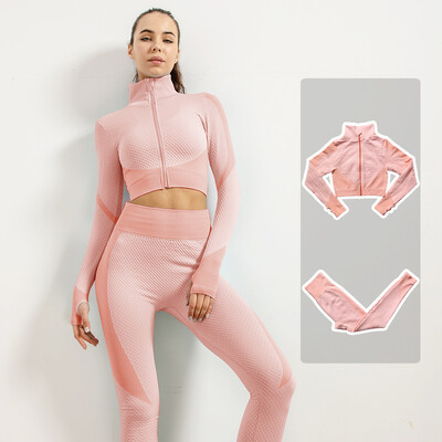 Femei Fitness Sport Yoga Costum fără cusături Yoga 2/3 buc Seturi Jachetă cu mânecă lungă cu fermoar Îmbrăcăminte de primăvară pentru gimnastică Set de haine pentru alergare