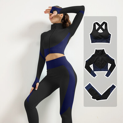 Femei Fitness Sport Yoga Costum fără cusături Yoga 2/3 buc Seturi Jachetă cu mânecă lungă cu fermoar Îmbrăcăminte de primăvară pentru gimnastică Set de haine pentru alergare