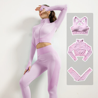 Femei Fitness Sport Yoga Costum fără cusături Yoga 2/3 buc Seturi Jachetă cu mânecă lungă cu fermoar Îmbrăcăminte de primăvară pentru gimnastică Set de haine pentru alergare