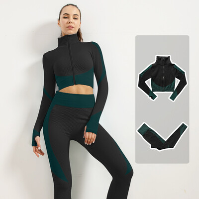 Femei Fitness Sport Yoga Costum fără cusături Yoga 2/3 buc Seturi Jachetă cu mânecă lungă cu fermoar Îmbrăcăminte de primăvară pentru gimnastică Set de haine pentru alergare