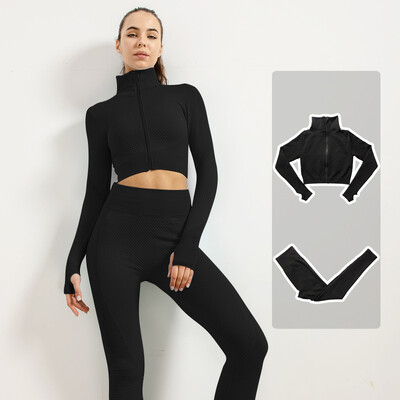 Femei Fitness Sport Yoga Costum fără cusături Yoga 2/3 buc Seturi Jachetă cu mânecă lungă cu fermoar Îmbrăcăminte de primăvară pentru gimnastică Set de haine pentru alergare
