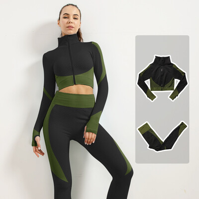 Femei Fitness Sport Yoga Costum fără cusături Yoga 2/3 buc Seturi Jachetă cu mânecă lungă cu fermoar Îmbrăcăminte de primăvară pentru gimnastică Set de haine pentru alergare